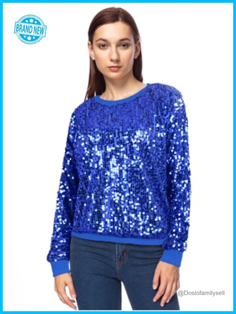 Glitter Sequin Sweatshirt Long Sleeve Pullover Top Ribbed Cuffs